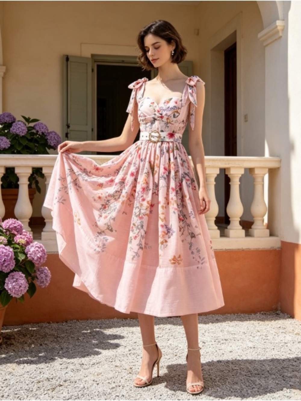 Pink Floral Tie-Shoulder Midi Dress